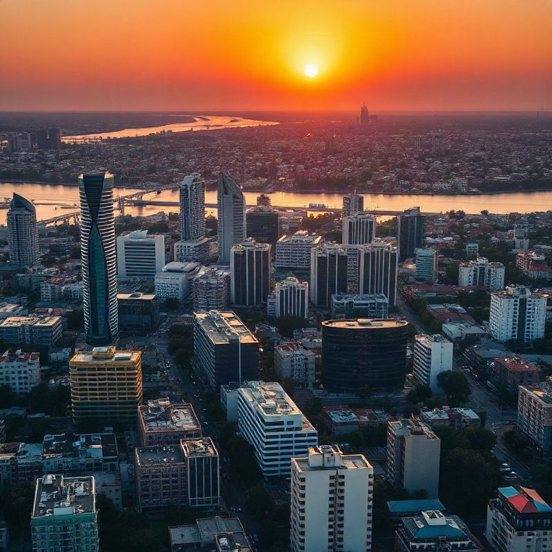 Vista aérea de Porto Alegre ao pôr do sol com o rio Guaíba ao fundo